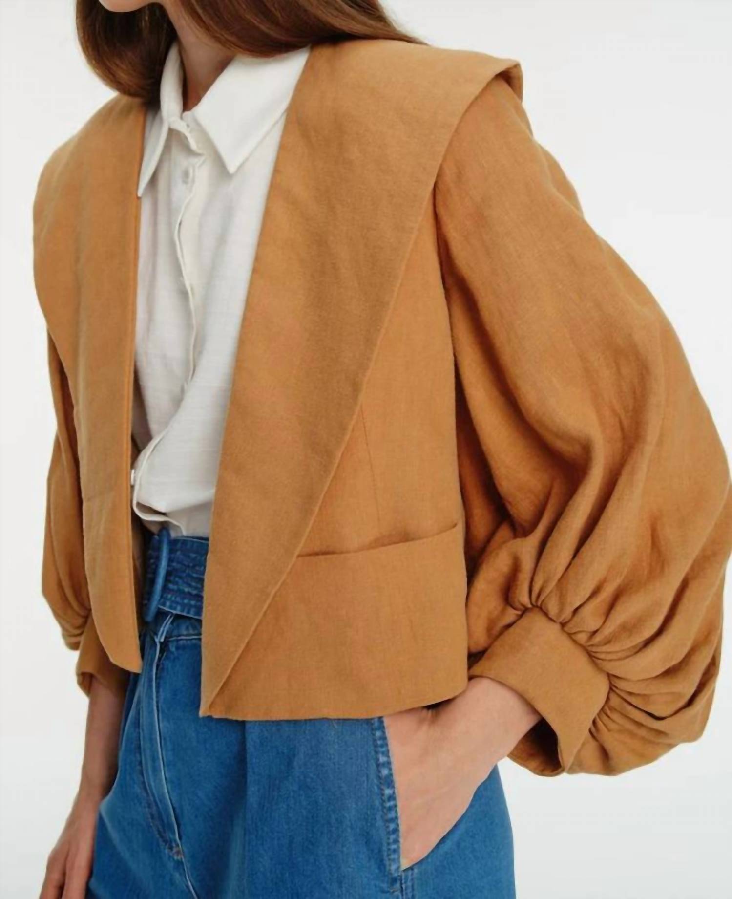 Exquise - Linen Jacket With Sleeve And Collar Details - blazers - brown - clothing