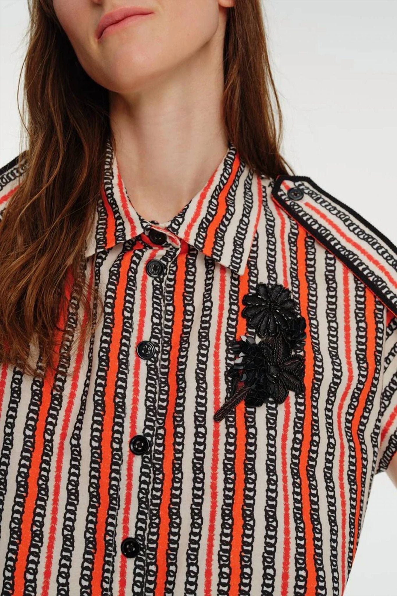 Exquise - Low Sleeve Embroidered Grosgrain Detailed Cotton Shirt - button - down - shirts - clothing - cotton