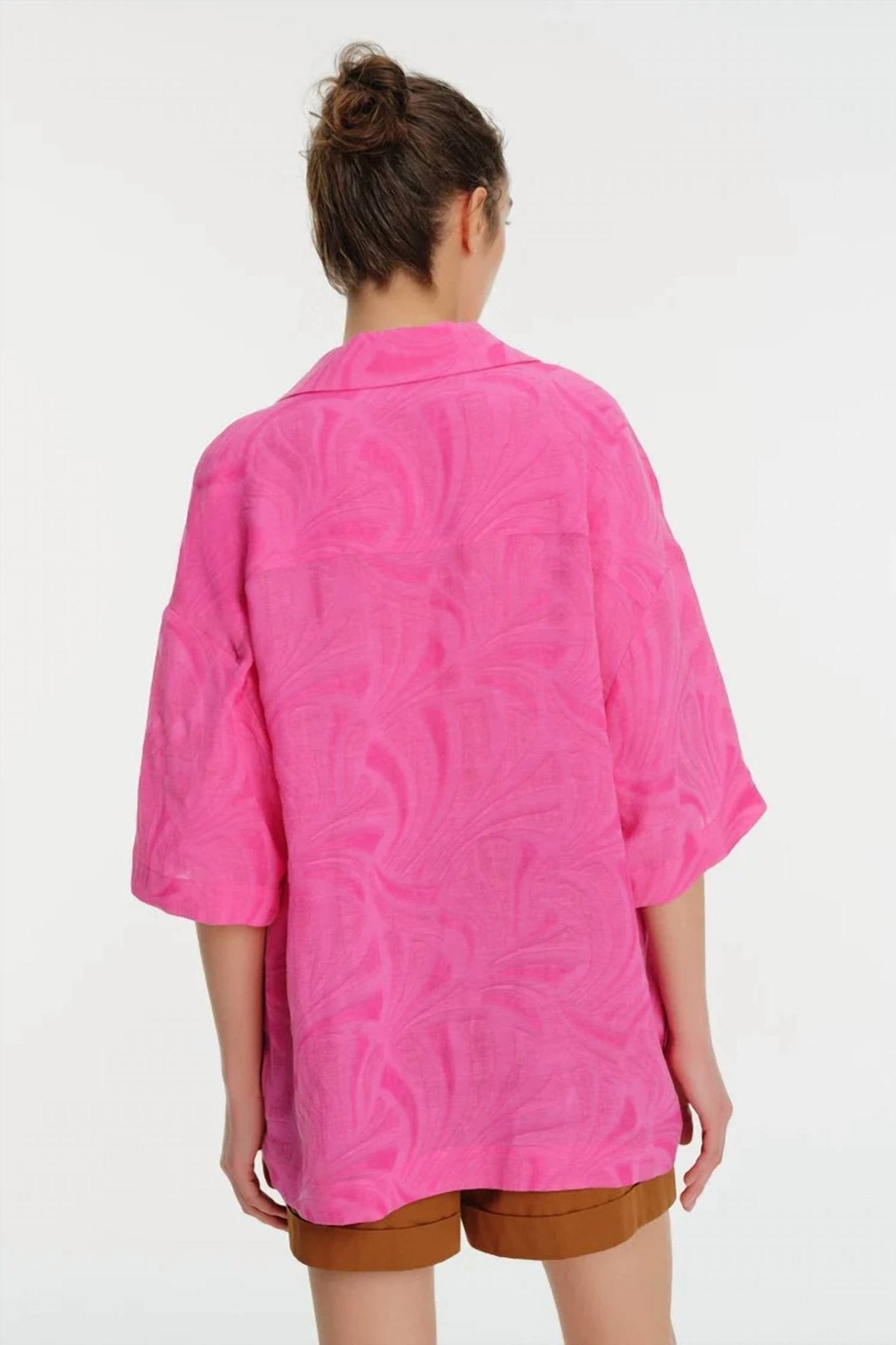 Exquise - Low Sleeve Straight Cut Jacquard Shirt - button - down - shirts - clothing - pink