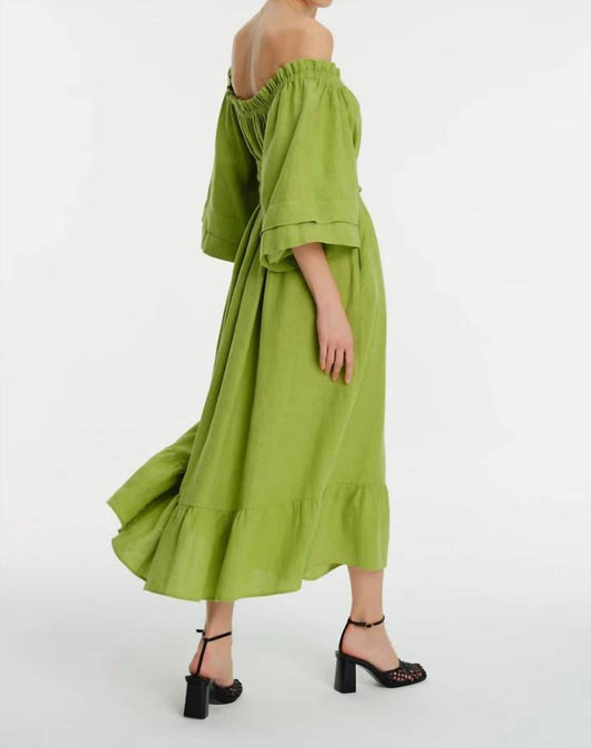 Exquise - Off Shoulder Pleated Midi Linen Dress - clothing - dresses - green
