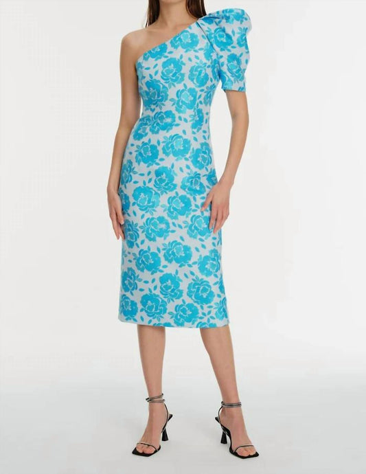 Exquise - One Shoulder Floral Patterned Midi Dress - blue - clothing - dresses