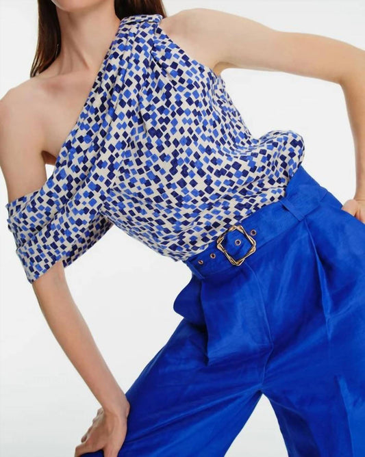 Exquise - One Shoulder Patterned Cupro Blouse - blouses - blue - clothing