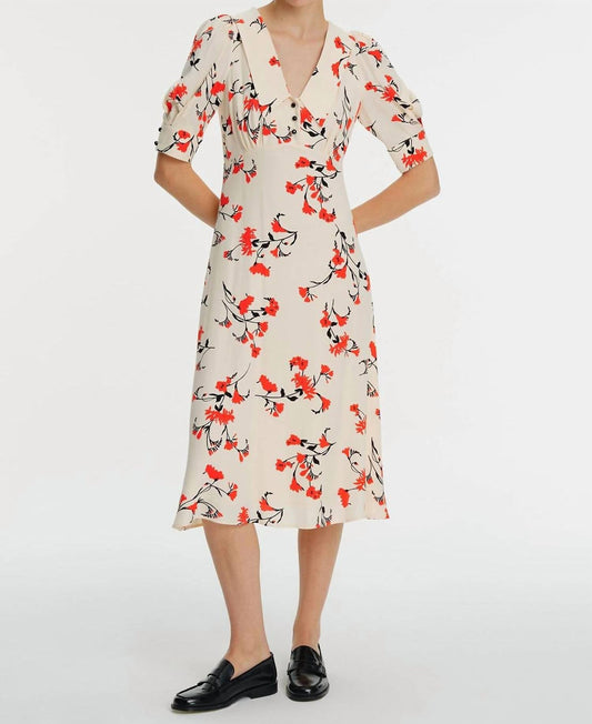 Exquise - Oriental Floral Collared Midi Dress - beige - clothing - dresses