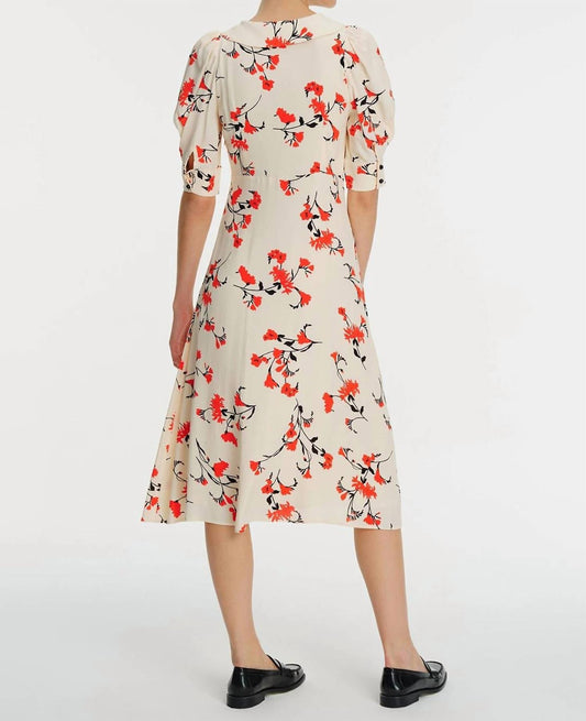 Exquise - Oriental Floral Collared Midi Dress - beige - clothing - dresses