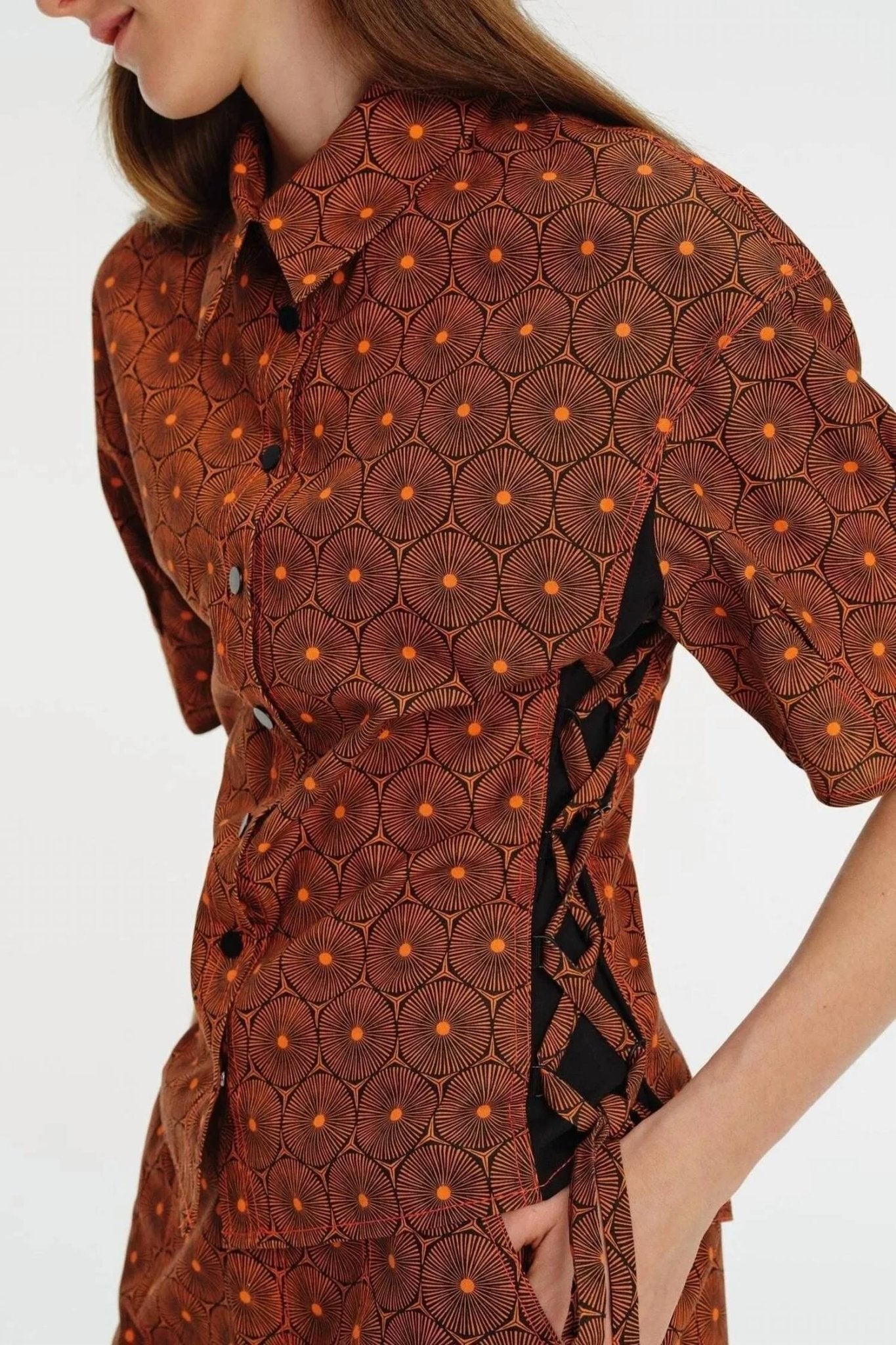 Exquise - Short Sleeve Patterned Shirt - brown - button - down - shirts - clothing