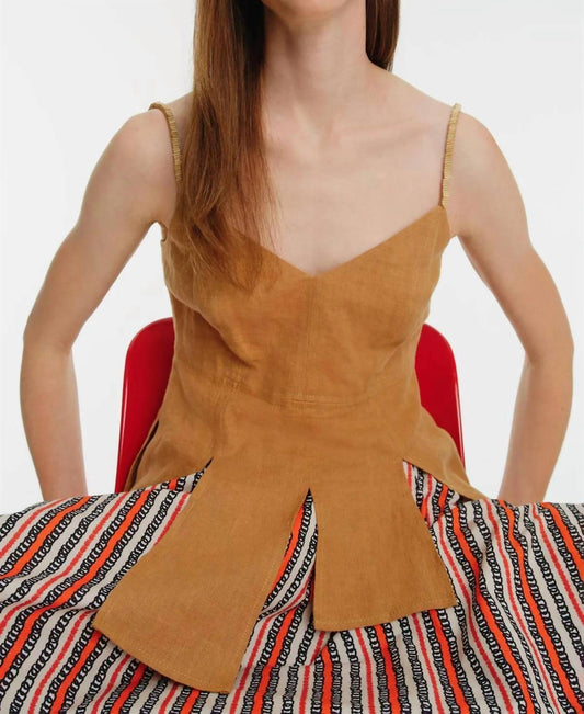 Exquise - Strap Embroidered Asymmetrical Cut - linen Blouse - blouses - brown - clothing