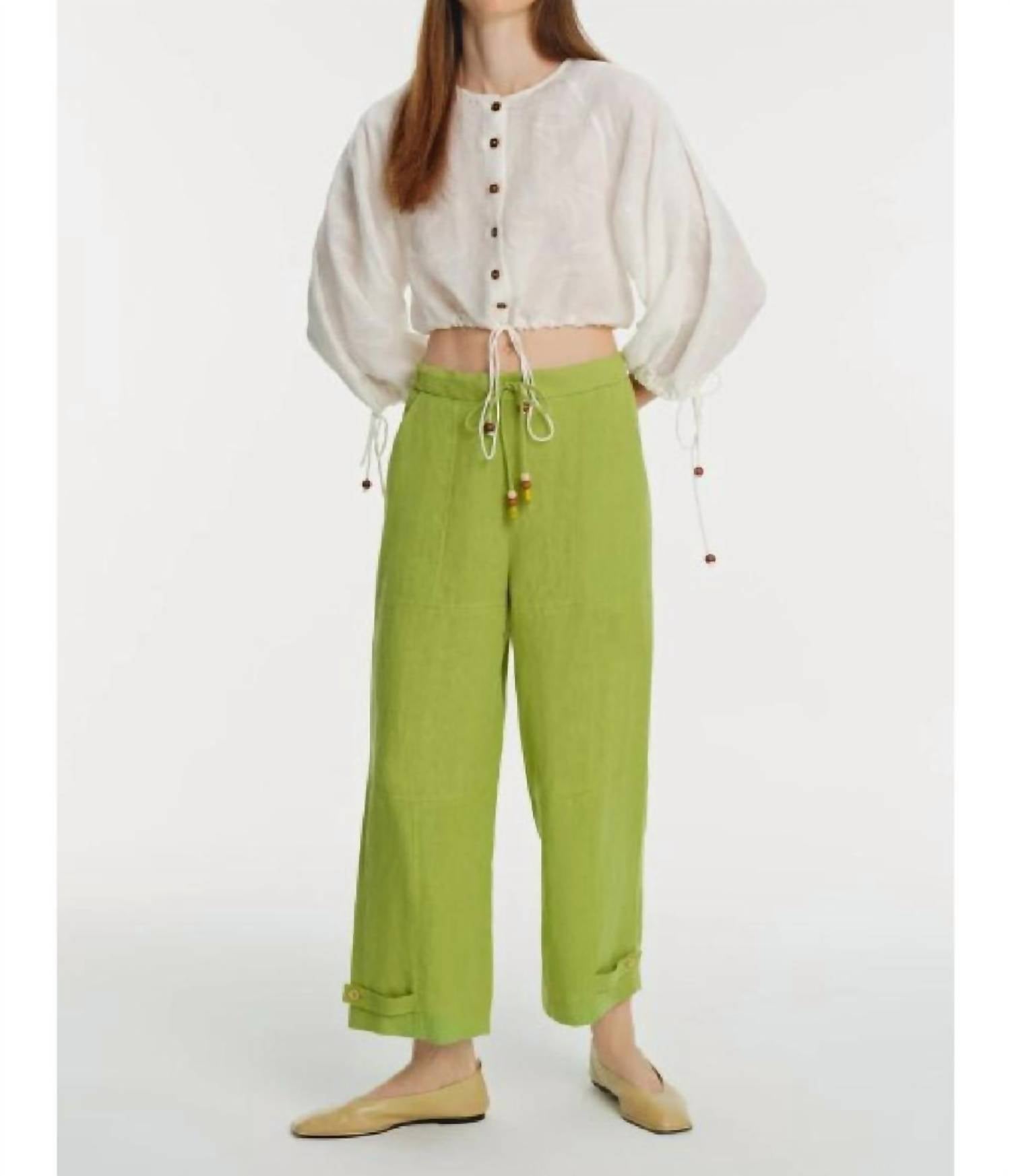 Exquise - Wide Leg Linen Trousers - clothing - green - linen