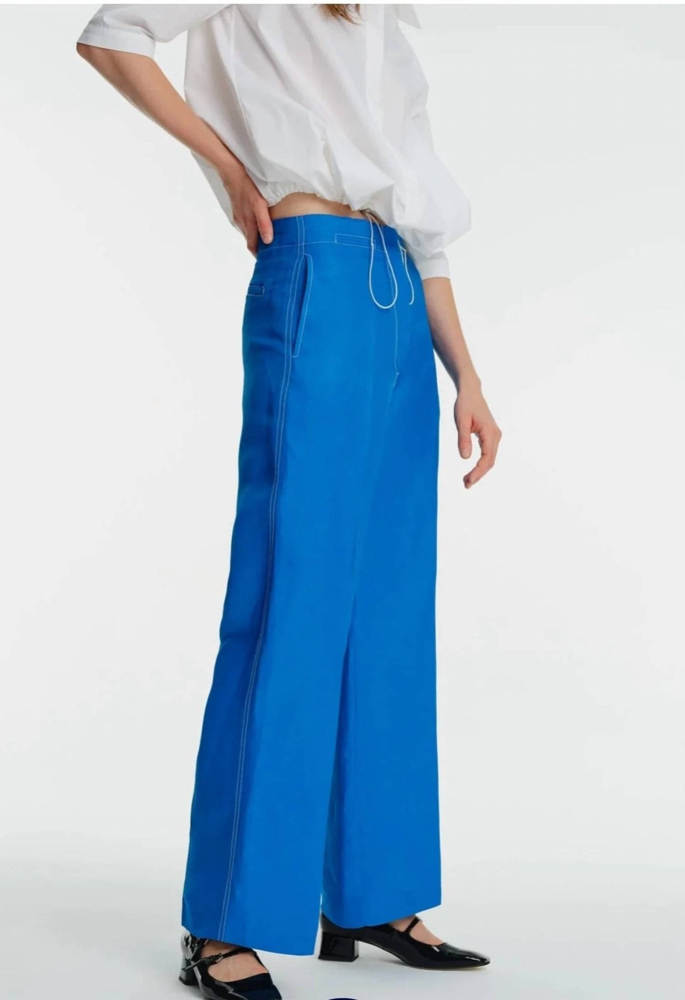 Exquise - Wide Leg Trousers With Stitching Details - blue - clothing - linen - blend