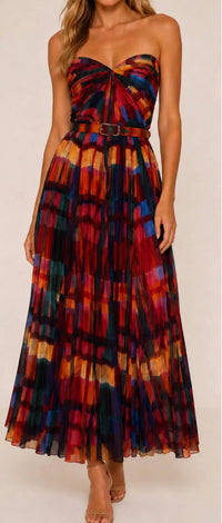 Hutch - Strapless Pleated Printed Belted Midi Dress
