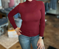 mystree Long Sleeve Ribbed Mock Neck Top in burgundy - women's long sleeve top