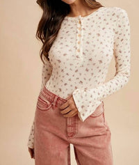Blakely - Ditsy Print Pointelle Knit Bell Sleeve Bodysuit