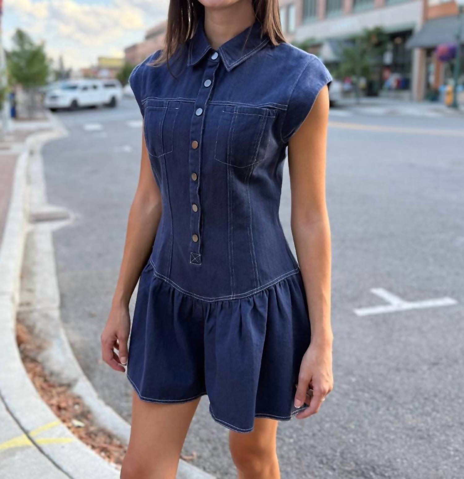 TCEC Polly Denim Romper in navy - women's pants - detail view