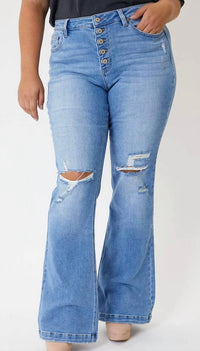 KanCan Women's Distressed Flare Jeans - Curvy in light wash - women's jeans - detail view