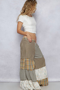 POL Printed Patchwork Textured Palazzo Bottom in olive green - women's pants - view 4