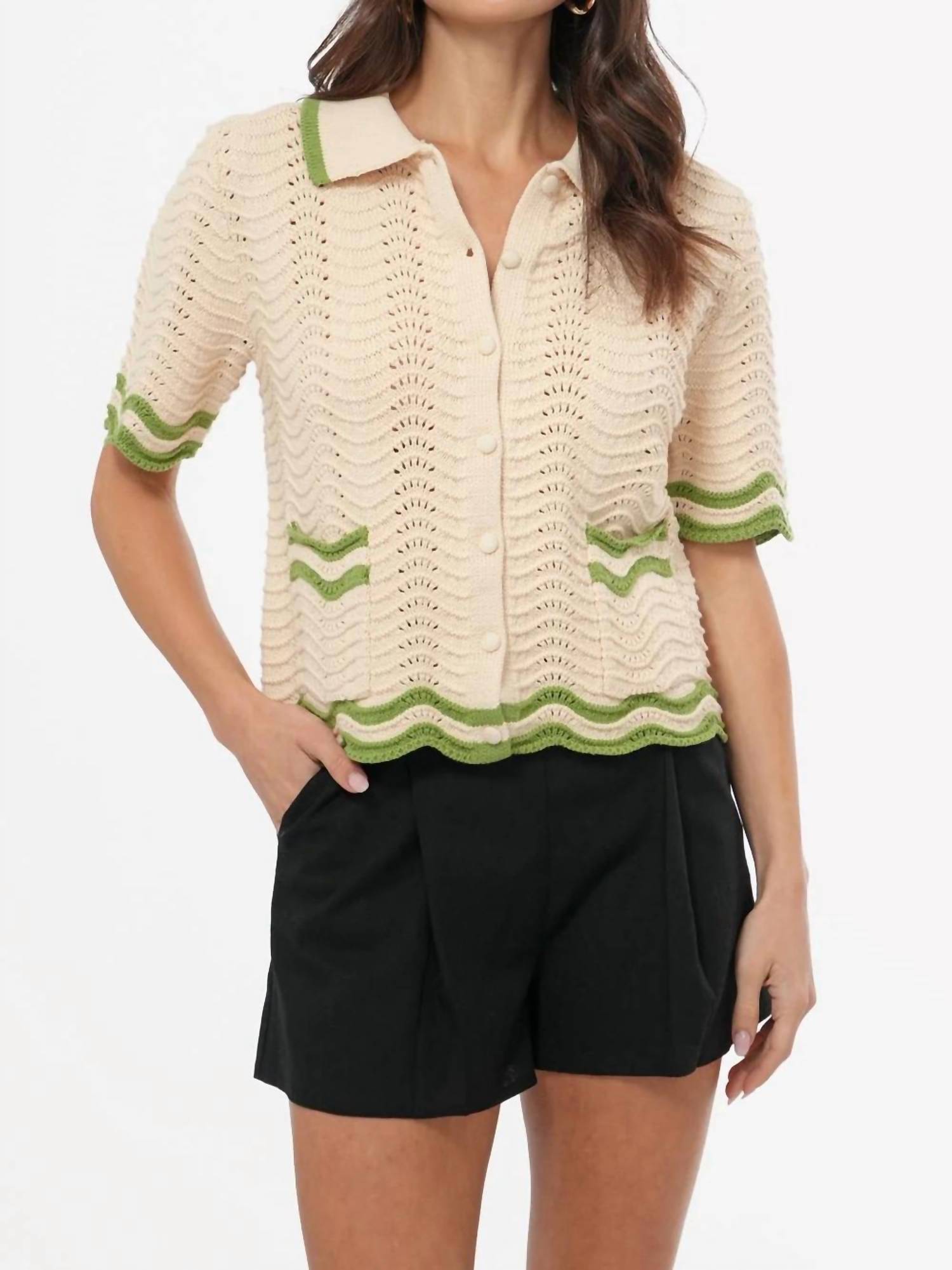 Greylin - Women's Amelia Scallop Hem Button Up Crochet Cardigan
