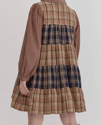 entro Rosalee Corduroy And Plaid Tiered Dress in brown - women's dress - detail view