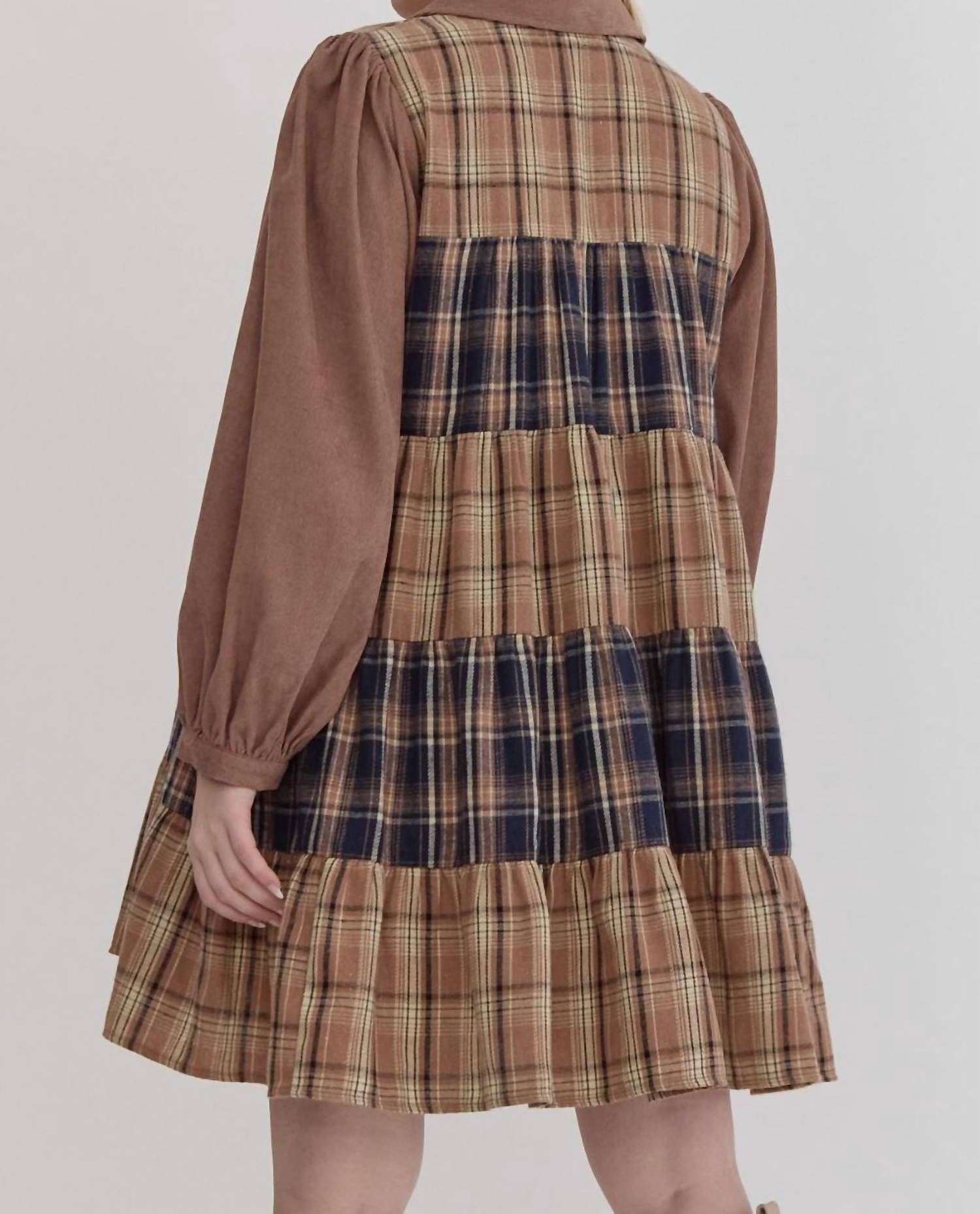 entro Rosalee Corduroy And Plaid Tiered Dress in brown - women's dress - detail view