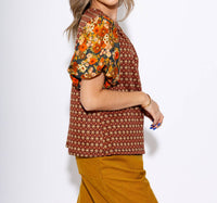 Ivy Jane Floral Flair Puff Sleeve Top in brown - women's blouse - detail view