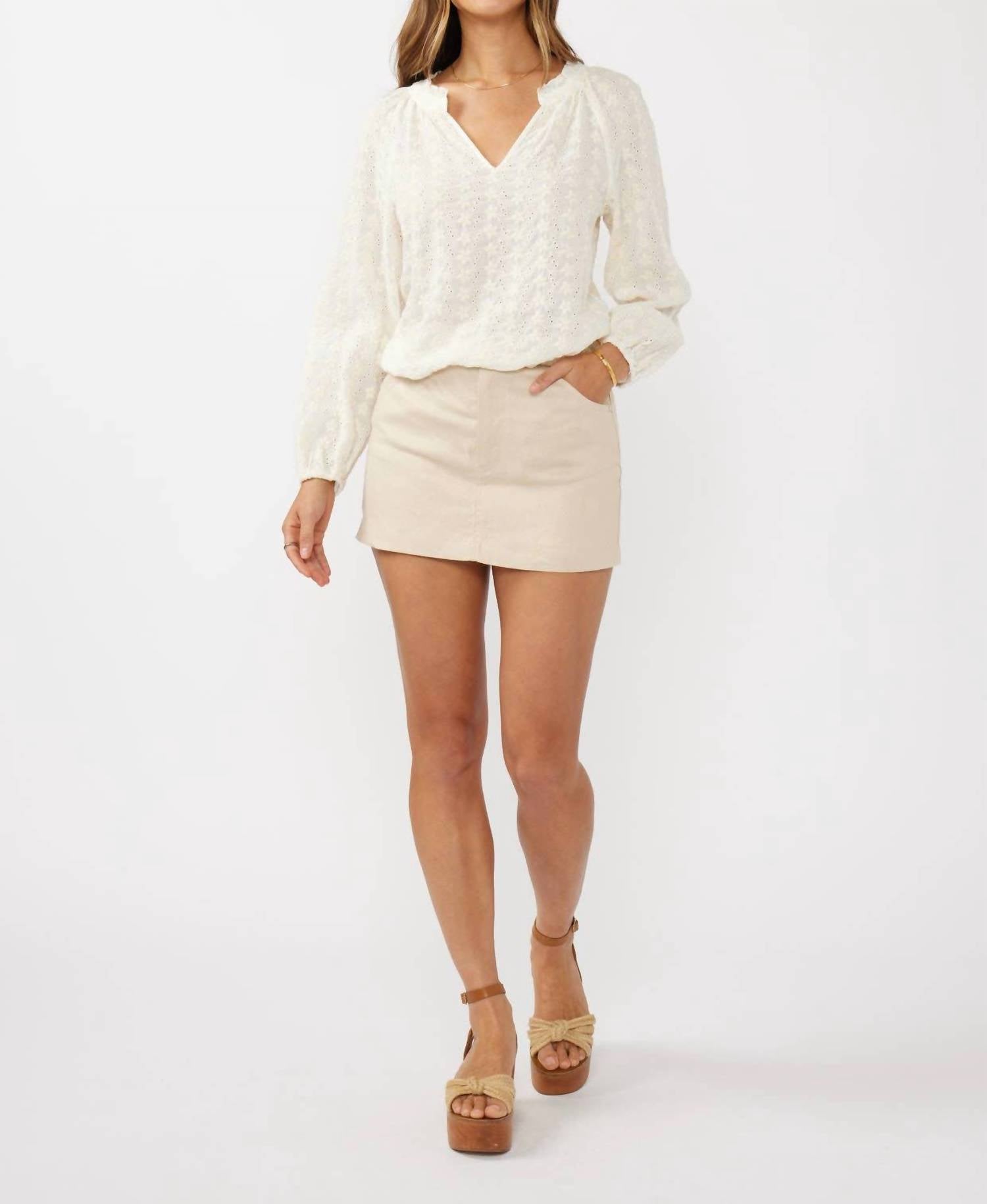 Lovestitch - Embroidered Floral Eyelet Long Sleeve Blouse