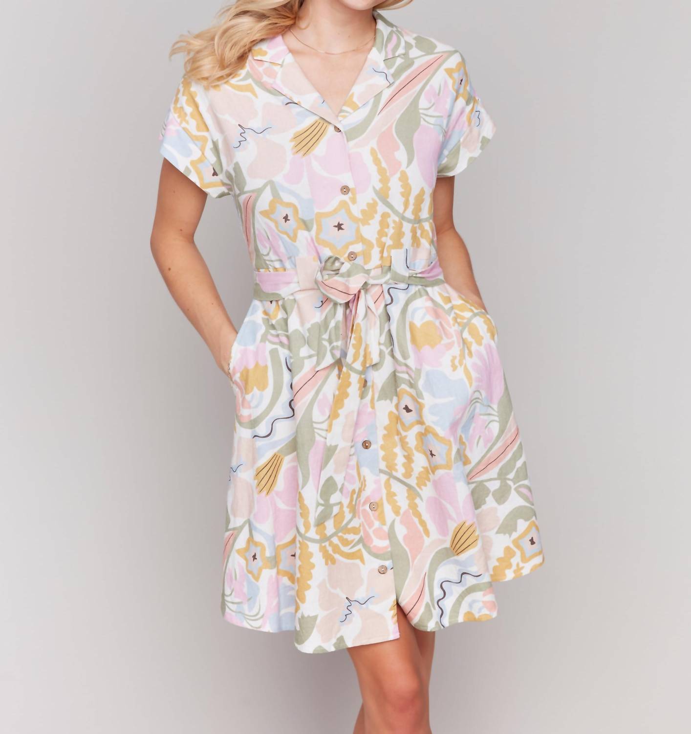 Charlie B - Linen Blend Short Sleeve Button-front Dress