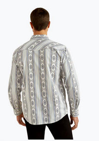 ARIAT Men's Heller Retro Snap Long Sleeve Shirt in blue - men's shirt - detail view