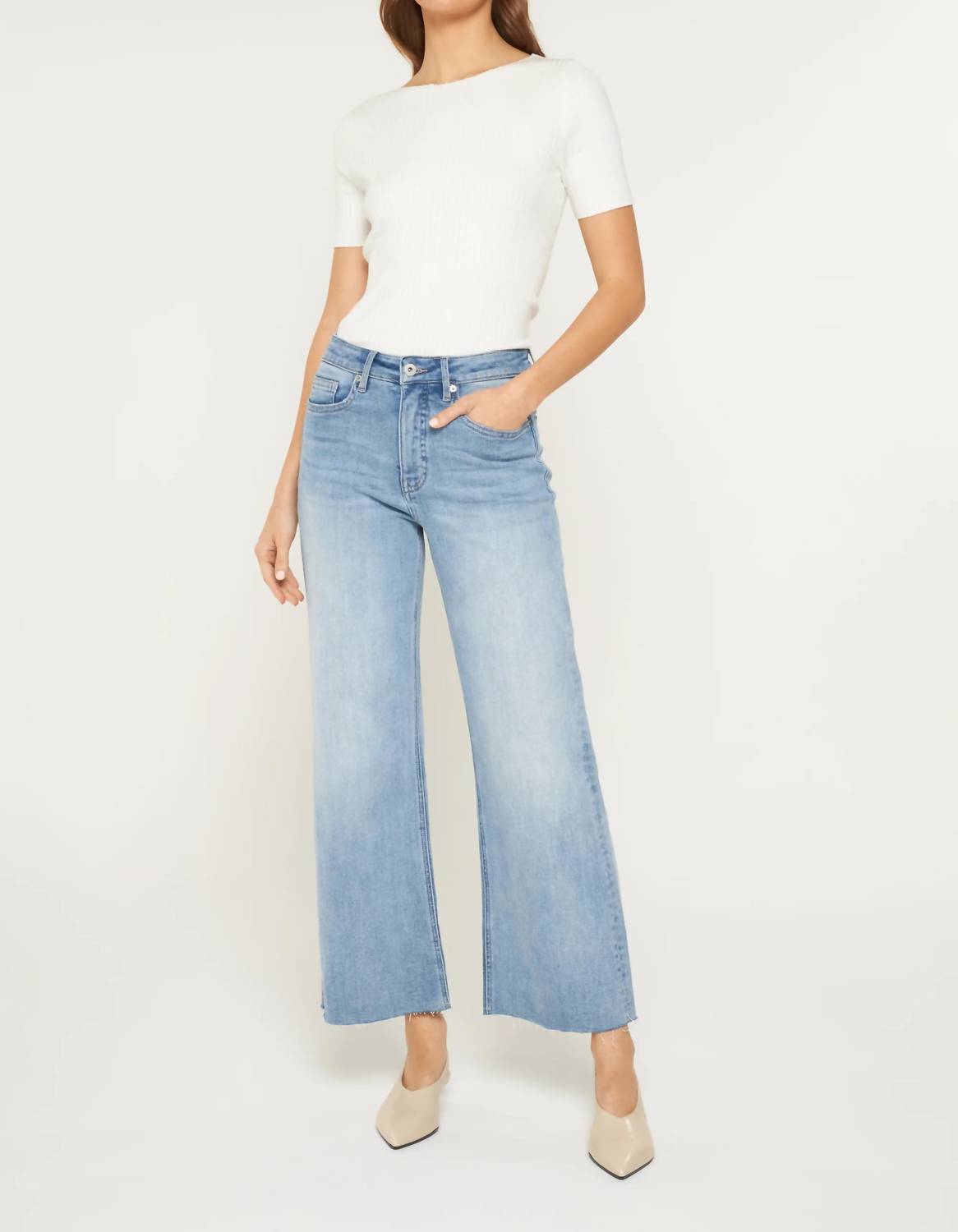 Mica Denim - Tummy Tuck High Rise Wide Raw Hem Jeans