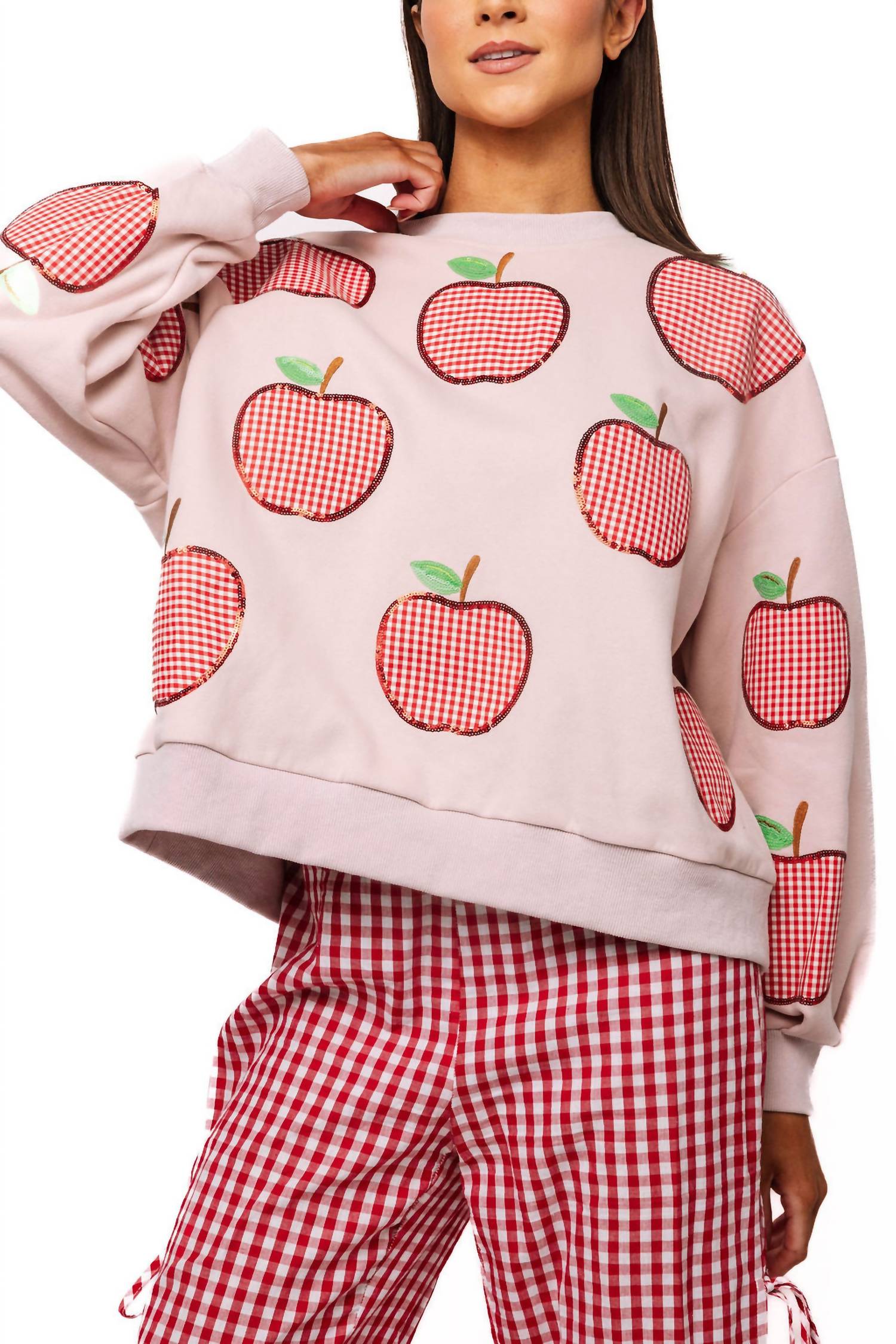 Queen Of Sparkles - Gingham Apple Long Sleeve Sweatshirt