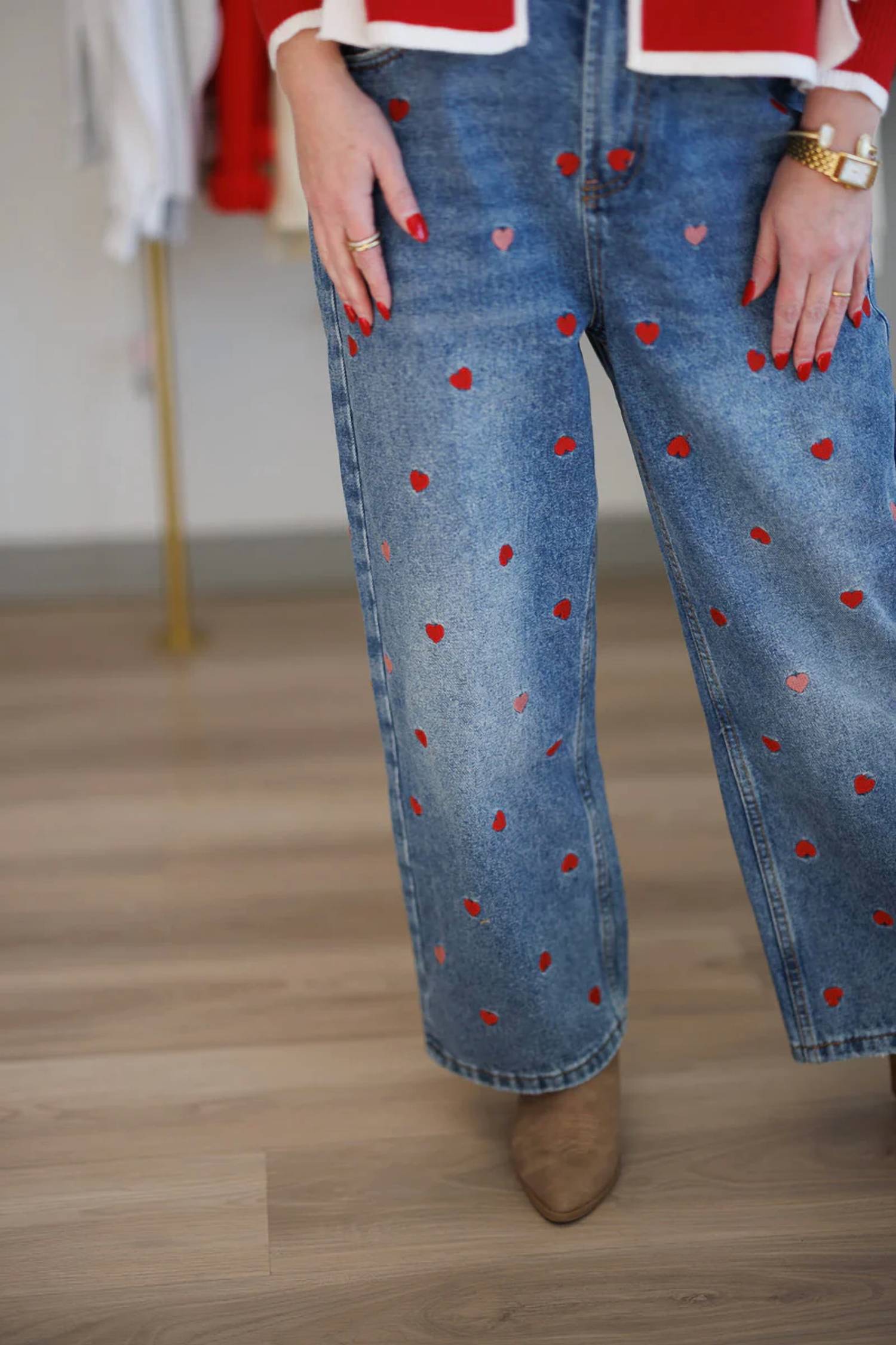 Oli & Hali - Heart Embroidered Wide Leg Ankle Jeans