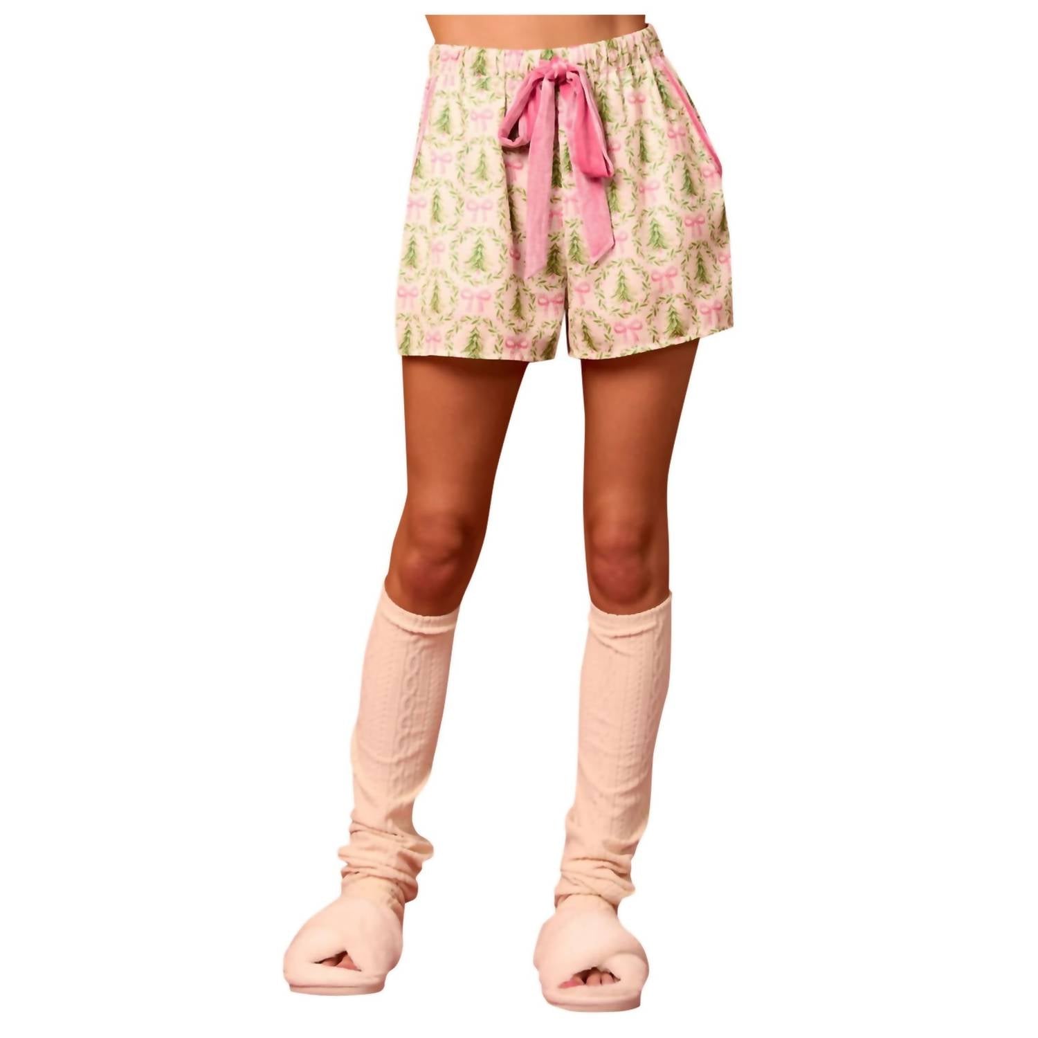 Peach Love Satin Christmas Tree & Bow Pajama Set in multi - women's intimate - detail view