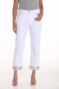 Frank Lyman Olympia Sequin Hem Denim Pants in off white - women's pants - detail view