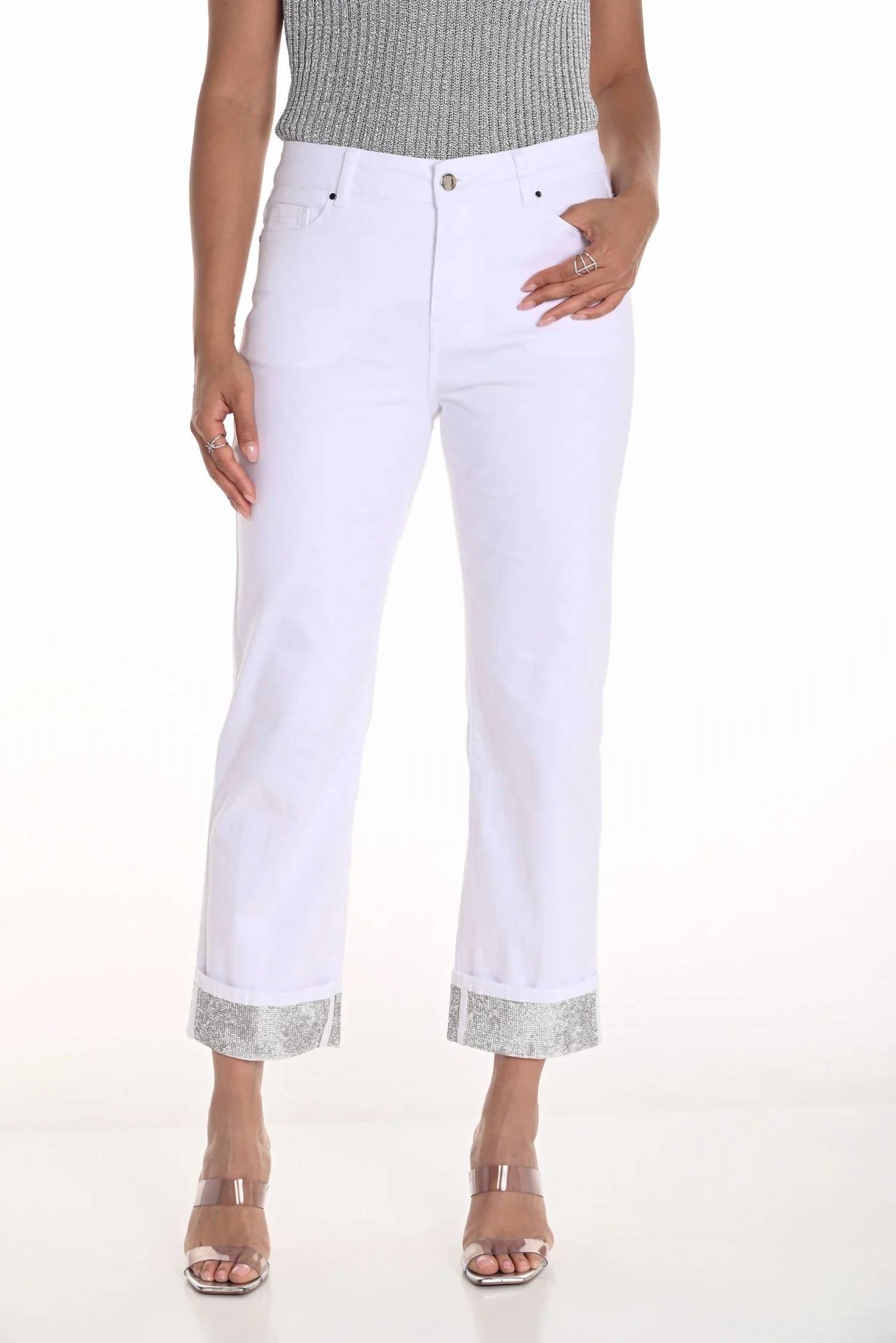 Frank Lyman Olympia Sequin Hem Denim Pants in off white - women's pants - detail view