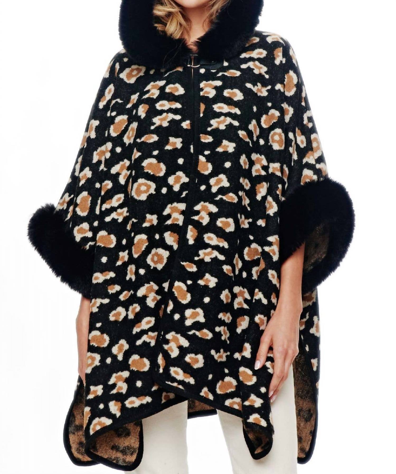 Pine Apparel - Leopard Faux Fur Hoodie Cape