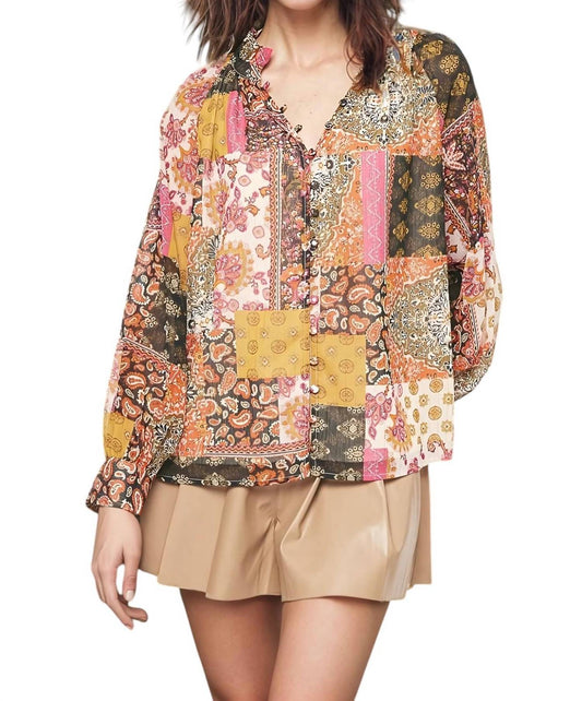 Entro - Daphne Patchwork Print Chiffon Long-sleeve Top