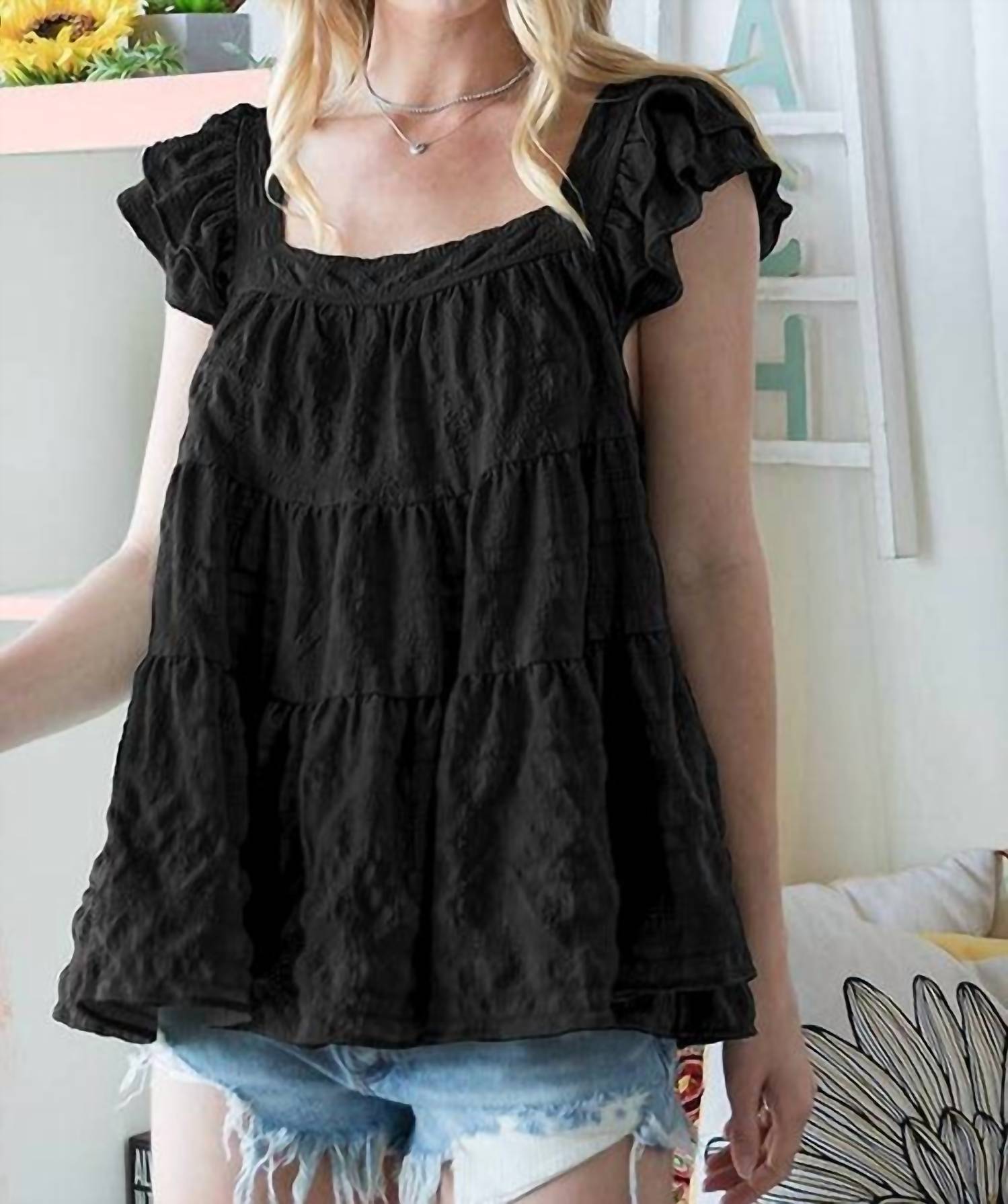 Bucketlist - Tiered Solid Textured Babydoll Top
