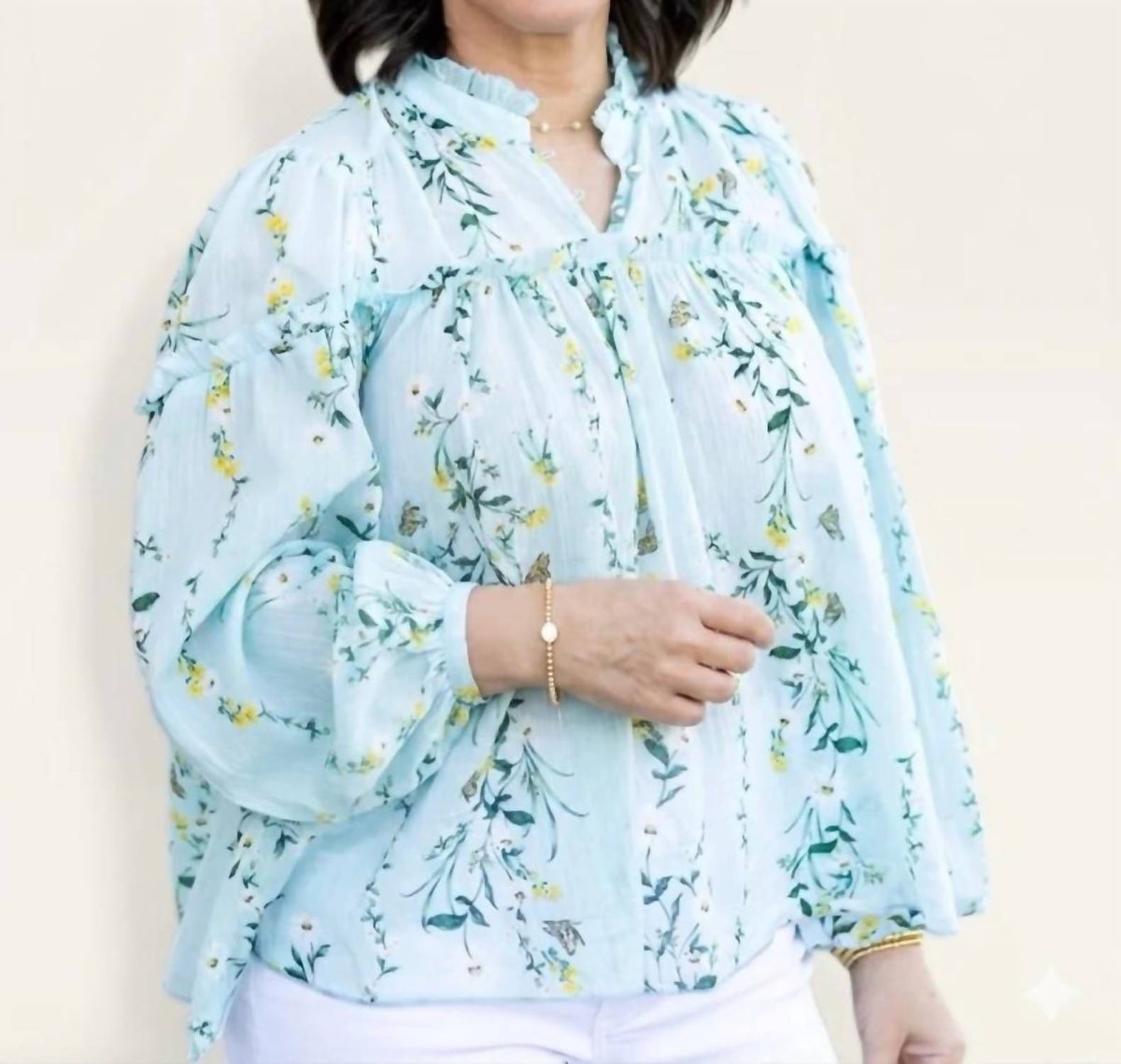 Olivaceous - Women's Sarai Floral Ruffle Neck Balloon Sleeve Top