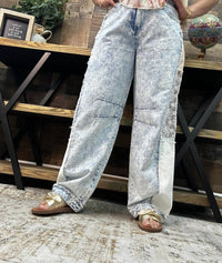 Pol - Lace & Stripe Barrel Leg Jean