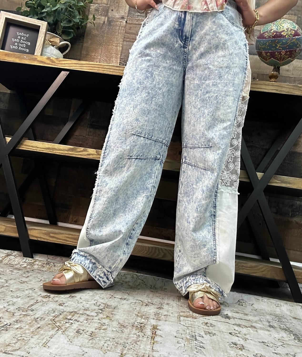 Pol - Lace & Stripe Barrel Leg Jean