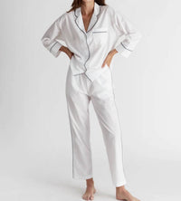 Sleepy Jones Marina Pajama Set in white navy hem - women's sleepwear