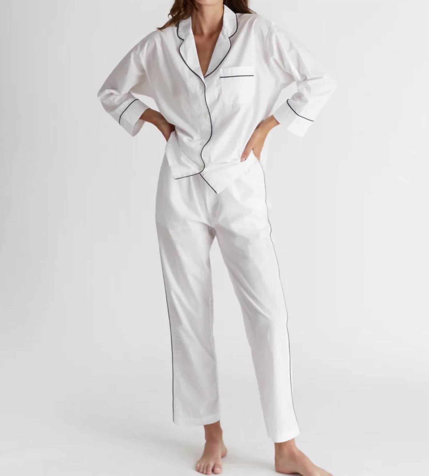 Sleepy Jones Marina Pajama Set in white navy hem - women's sleepwear
