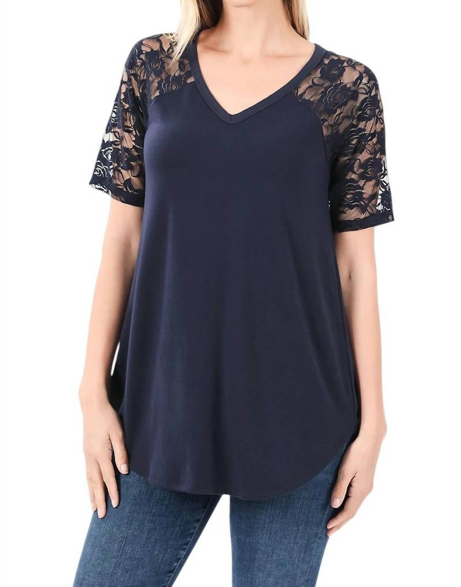 Zenana - Lace Detail Short Sleeve V Neck Top