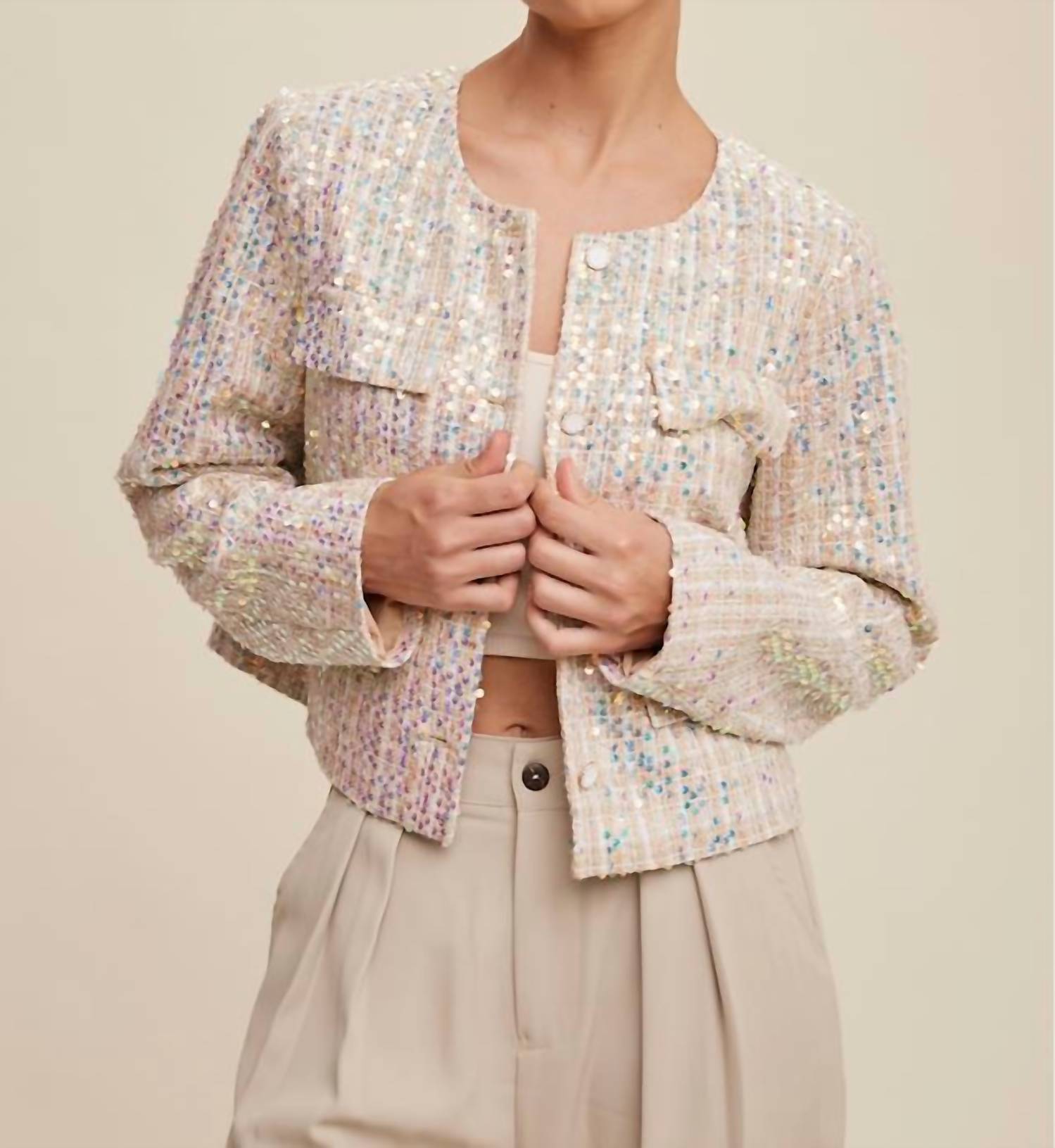 Listicle - Luxe Lights Sequin Cropped Tweed Jacket