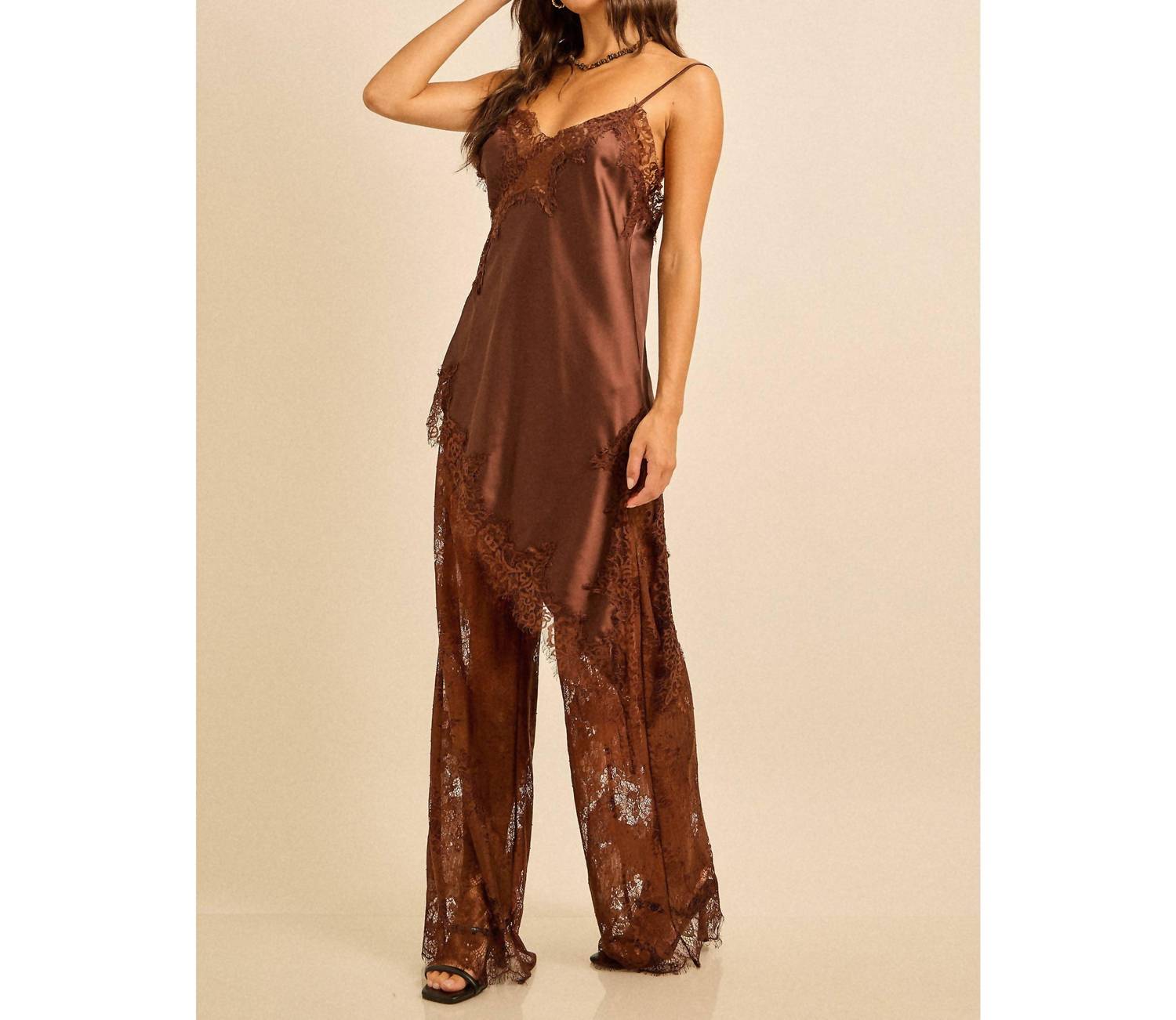 Skylar Rose - Spring Satin Lace Trim Cami And Pants Set