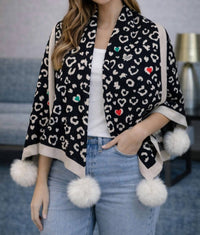 Mitchie'S Matchings - Narrow Woven Heart and animal print scarf with fox poms