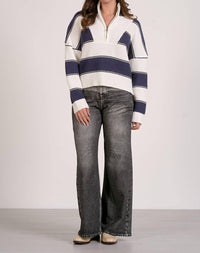 ELAN Nautical Striped Quarter Zip Cotton Sweater in white navy - women's sweater - alternate view