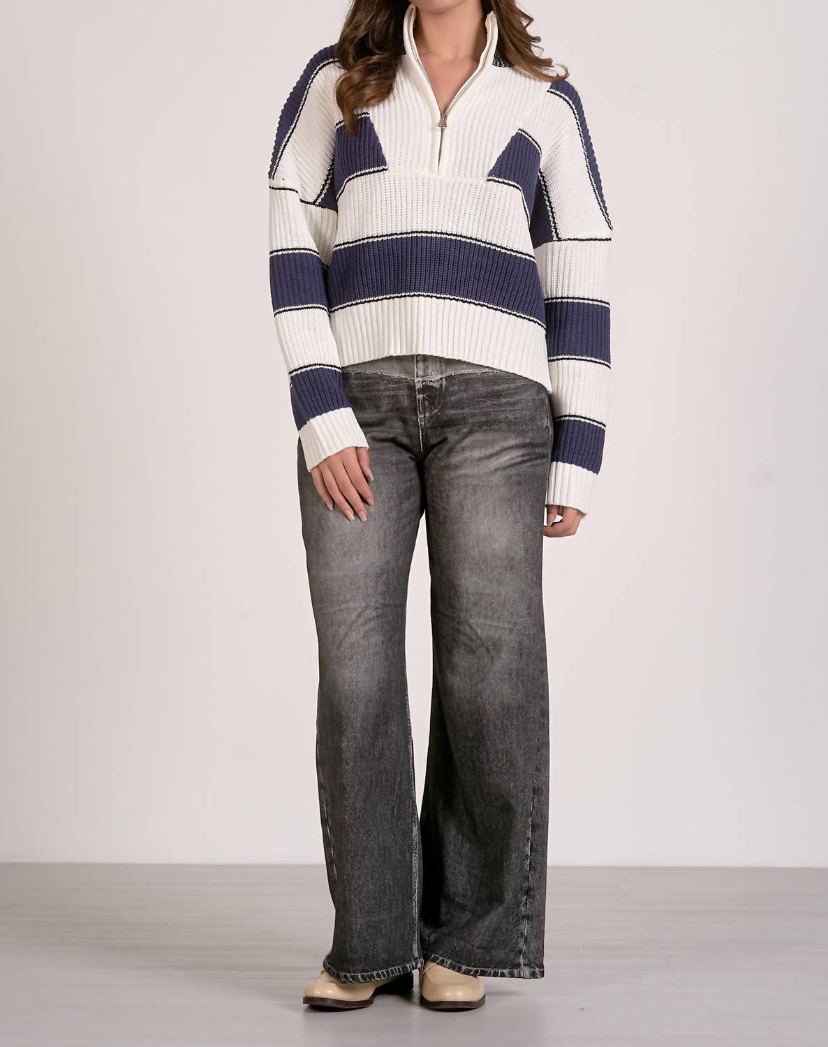 ELAN Nautical Striped Quarter Zip Cotton Sweater in white navy - women's sweater - alternate view