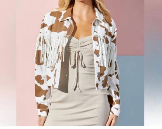 Baevely By Wellmade - Midnight Rodeo Cow Print Tassel Denim Jacket
