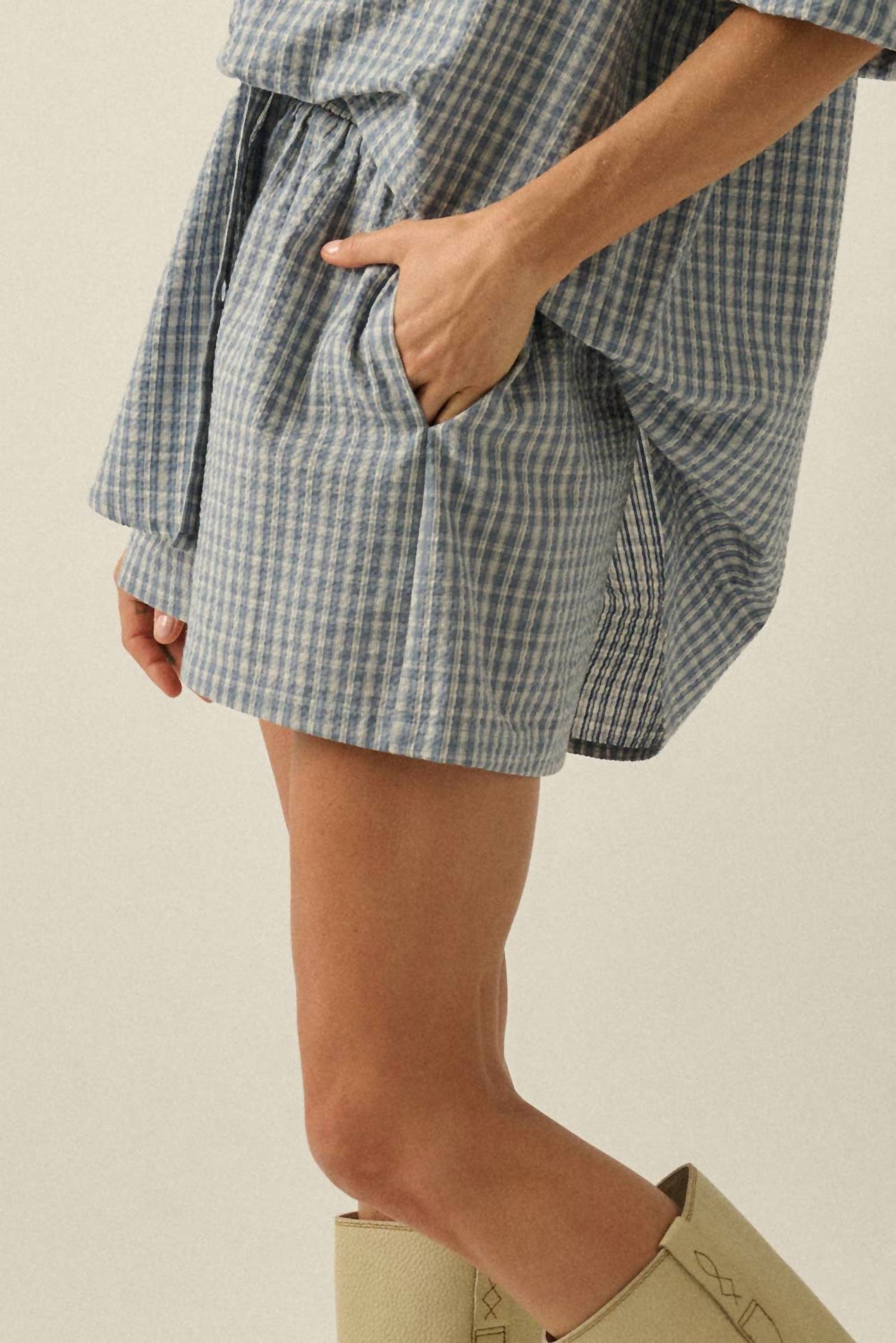 PROMESA Plaid Textured Seersucker Wide-leg Pocket Shorts in chambray - women's shorts - detail view
