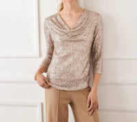 Karen Kane 3/4 Sleeve Drape Front Sequin Top - Plus in champagne - women's blouse