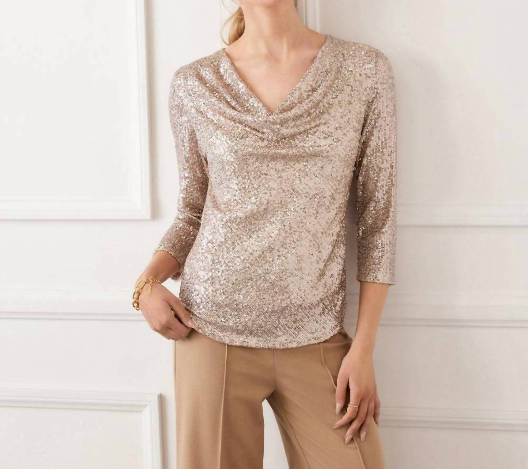 Karen Kane 3/4 Sleeve Drape Front Sequin Top - Plus in champagne - women's blouse