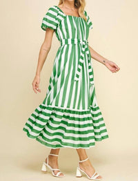 PINCH Striped Midi Puff Sleeve Dress in green - women's dress - detail view